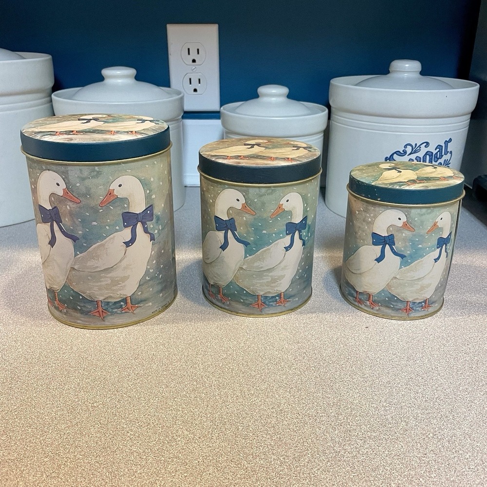 Vintage Winter Geese Goose Ducks Blue Ribbons Nesting Canisters Set of 3